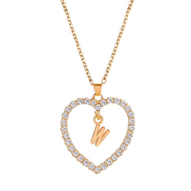 Womens Stylish & Minimalist Diamond-Encrusted 26-Letter Heart Pendant Necklace Best YouTube Store