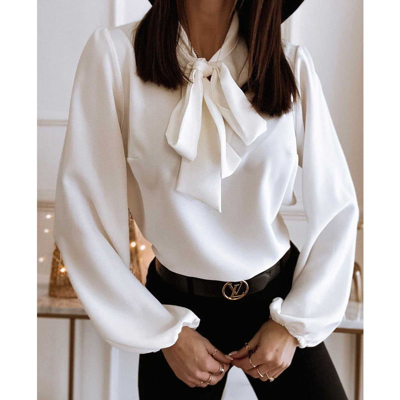 Bowknot Long Sleeve Shirt Collared Women's  Solid Color Professional Business Blouse For Work Office Wear NorixaFashion.com