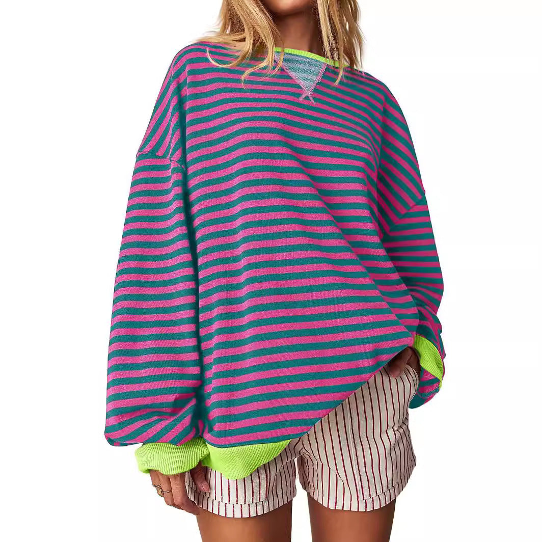 Women's Striped Embroidered Stitching Color-inserted Pullover Sweater CJD