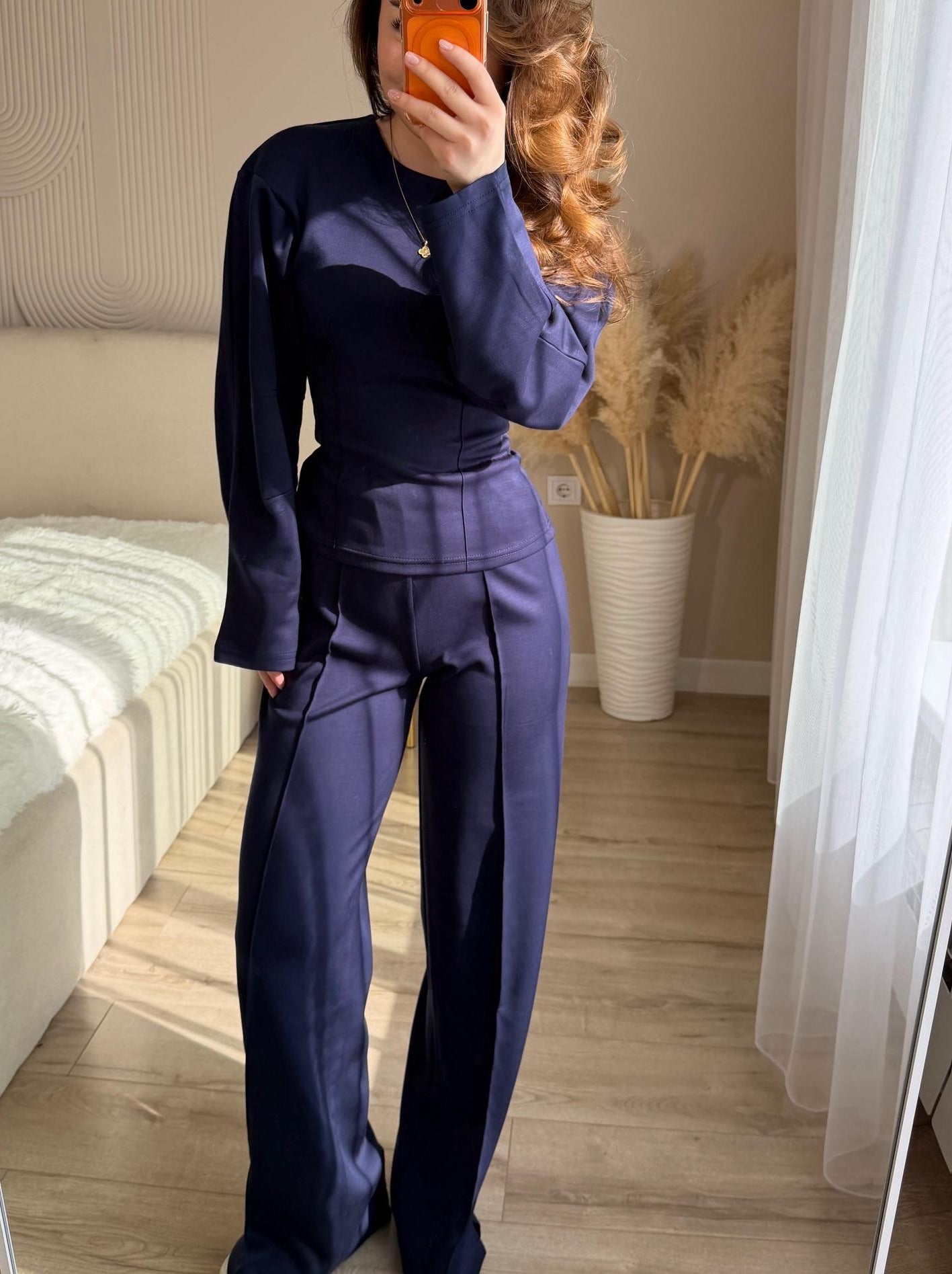 Fashionable Long-sleeved O-neck Pleated Top And Wide-leg Pants Set NorixaFashion.com