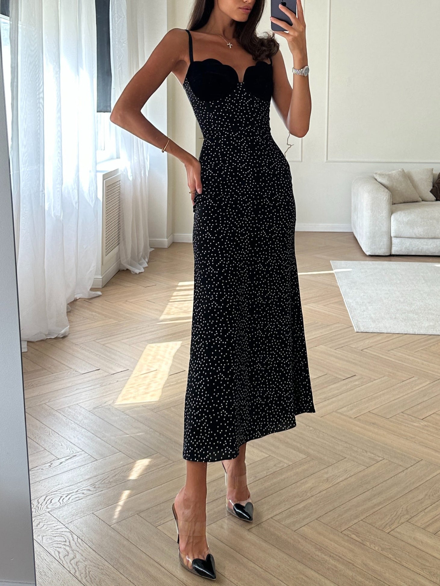 Velvet Patchwork Polka-dot Suspender Dress NorixaFashion.com