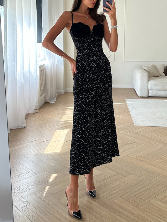 Velvet Patchwork Polka-dot Suspender Dress NorixaFashion.com