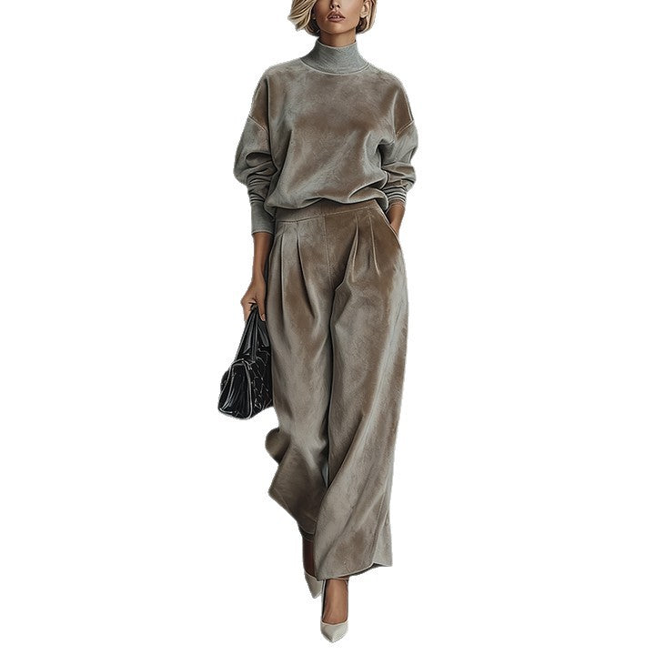 Casual Warm Velour Long-sleeved Solid Color High-neck Zipper Wide-leg Sportswear LadyShow.Store