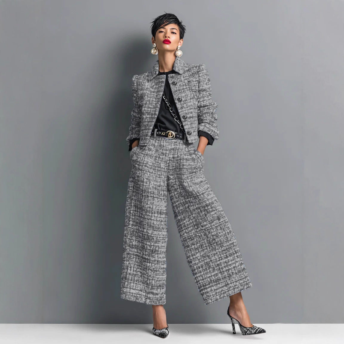 Notched Lapel Slim-fit Women's Long-sleeve Short Top With Wide-leg Pants Set NorixaFashion.com