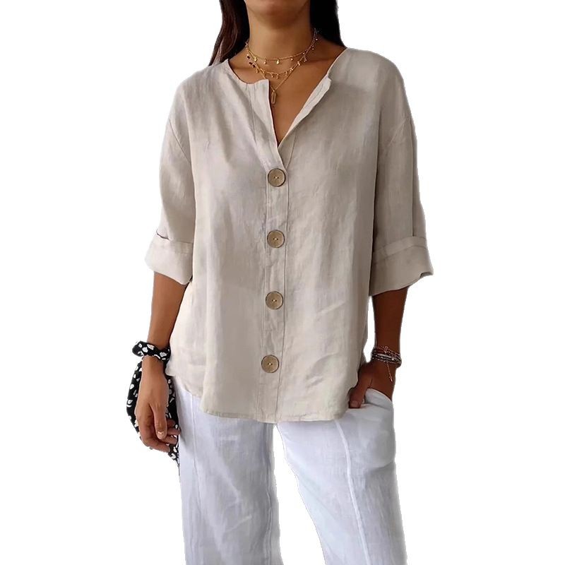 Loose-fit Women's V-neck Cotton-Linen Button T-shirt Top LadyShow.Store