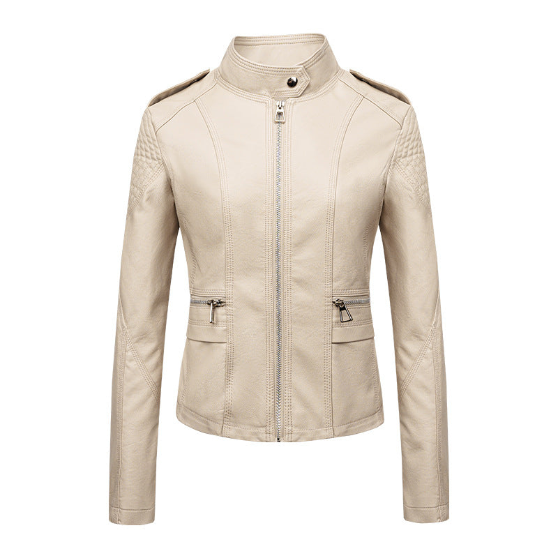 Women's Leather Jacket Women's Slim-fit Leather Jacket Women's Motorcycle Clothing PU Leather Women's Jacket Short Women's Leather Jacket Three-line Craft LadyShow.Store