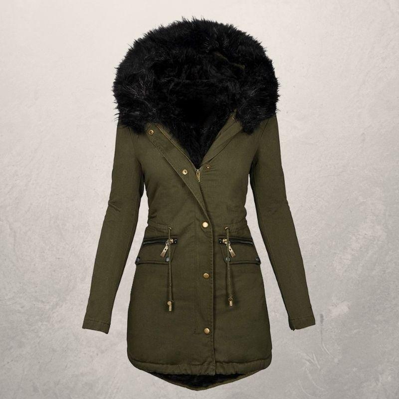 Medium Length Hooded Cotton Padded Jacket with Wool Collar Pi-Mart