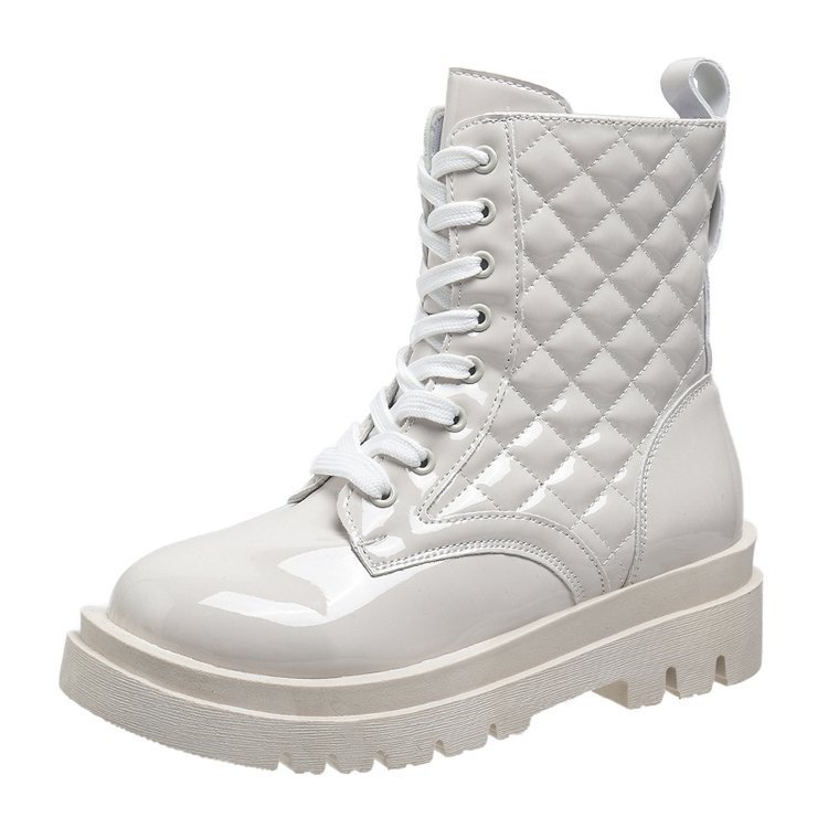 Lace-up Thick-heeled Boots Winter Casual Round Toe Platform Ankle Boots Women Fashion Quilted Pattern Minimalist Motorcycle Shoes LadyShow.Store