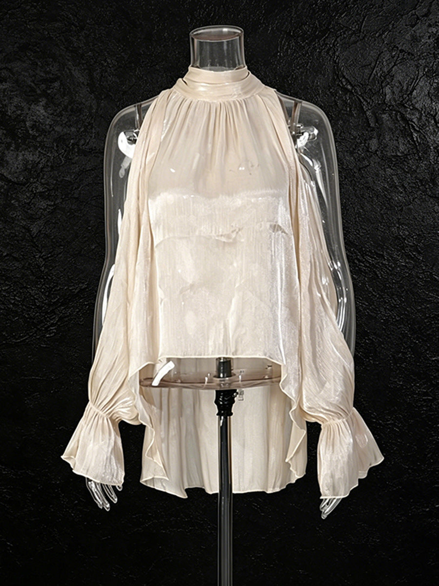 Cream Cold-Shoulder Halter Blouse NorixaFashion.com
