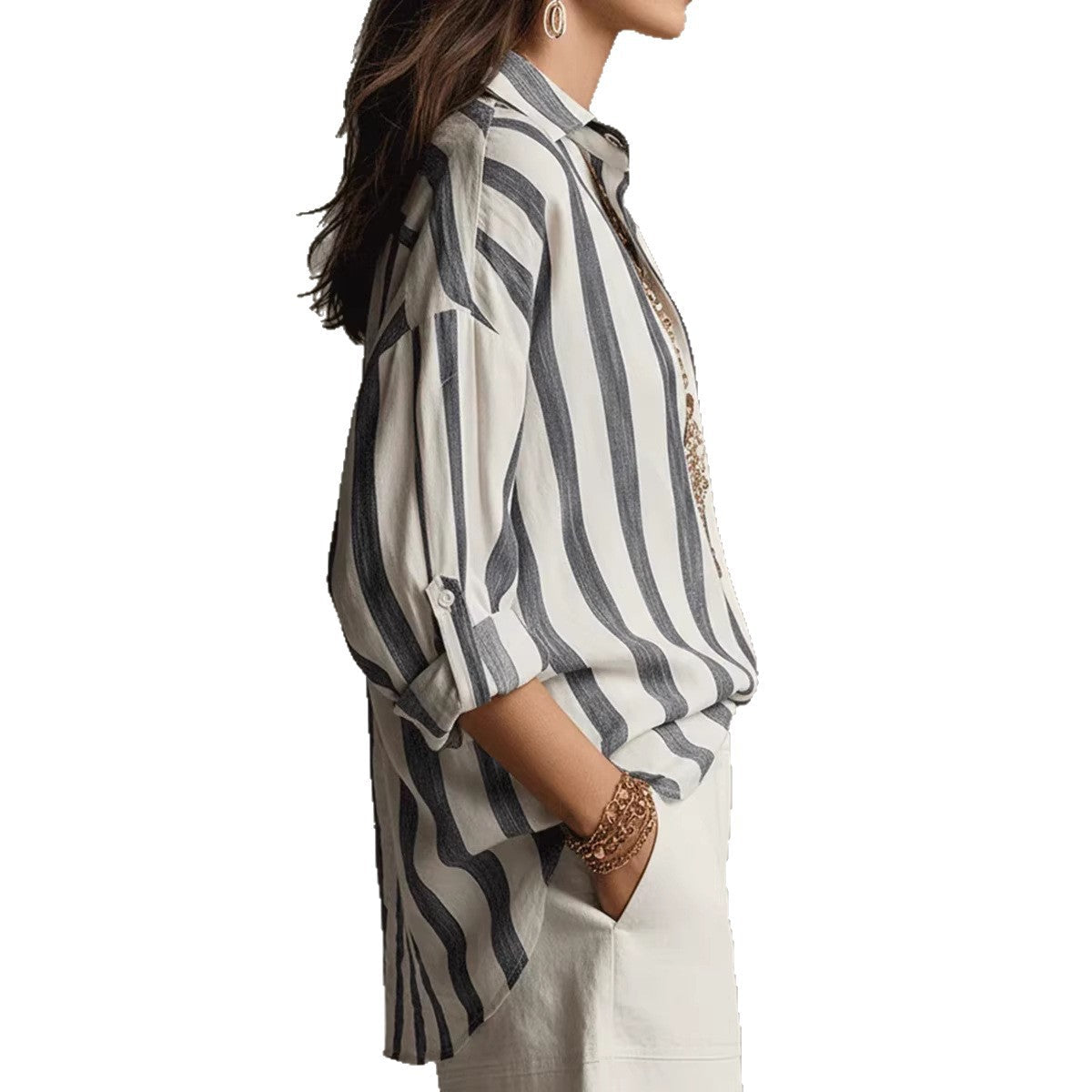 Striped Lapel Collar Loose-Fit Stylish Pullover Womens Blouse NorixaFashion.com