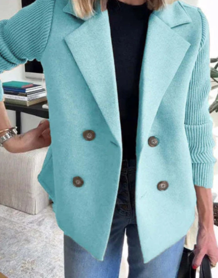 Double Breasted Lapel Jacket Fashion Knitted Sleeves Splicing Design Coat Outerwear Women's Clothing Best YouTube Store