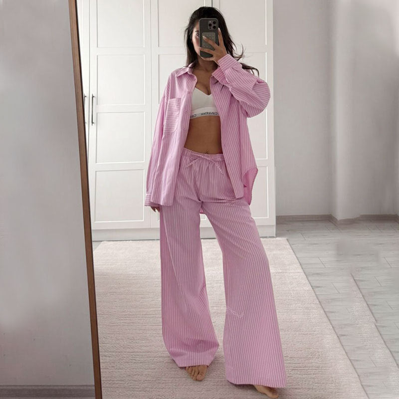 Fashionable Striped Casual Simple Womens Long-Sleeve Top And Pants Loose Set NorixaFashion.com