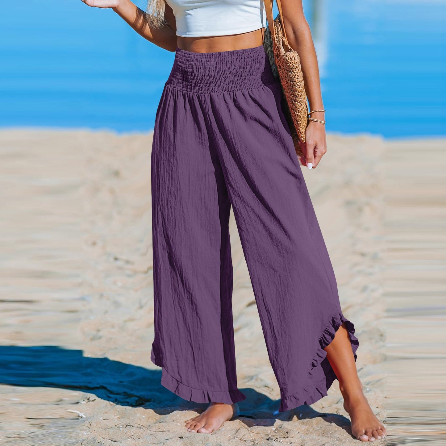 Pleated Asymmetrical Hem Cotton-linen Loose-fit Casual Pants NorixaFashion.com