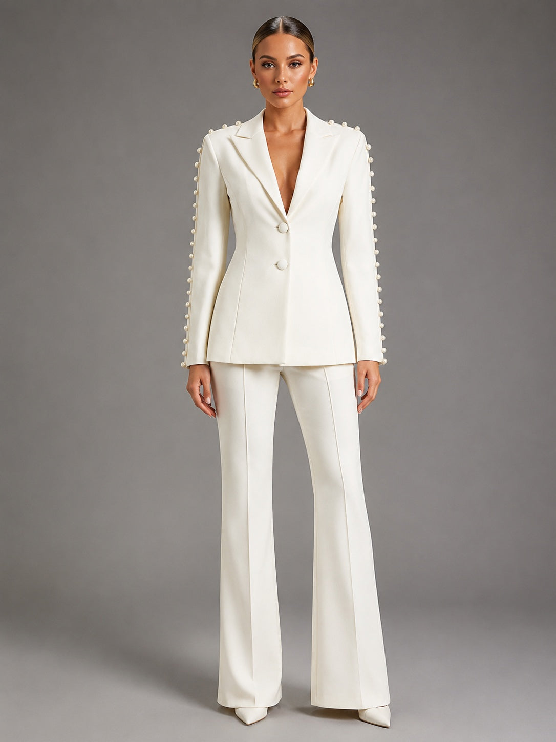 Pearl Embellished Peak Lapel Blazer & High Waist Full Flare Suit Trousers 2-Piece Set NorixaFashion.com