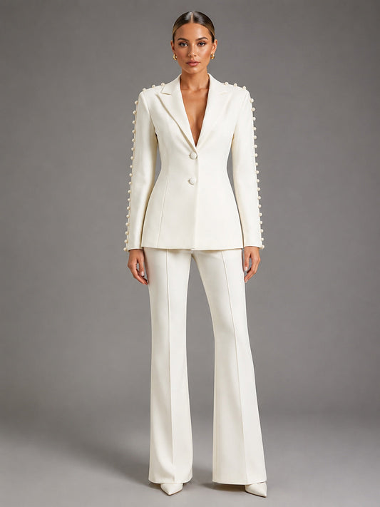 Pearl Embellished Peak Lapel Blazer & High Waist Full Flare Suit Trousers 2-Piece Set NorixaFashion.com
