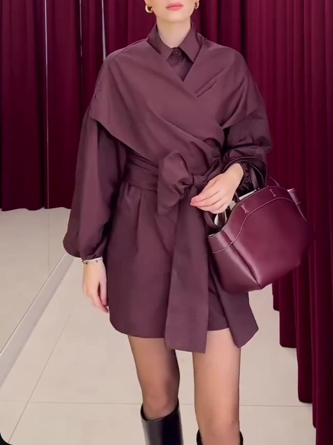 Deep Magenta Structured Wrap Tie-Waist Puff Sleeve Shirt Dress NorixaFashion.com