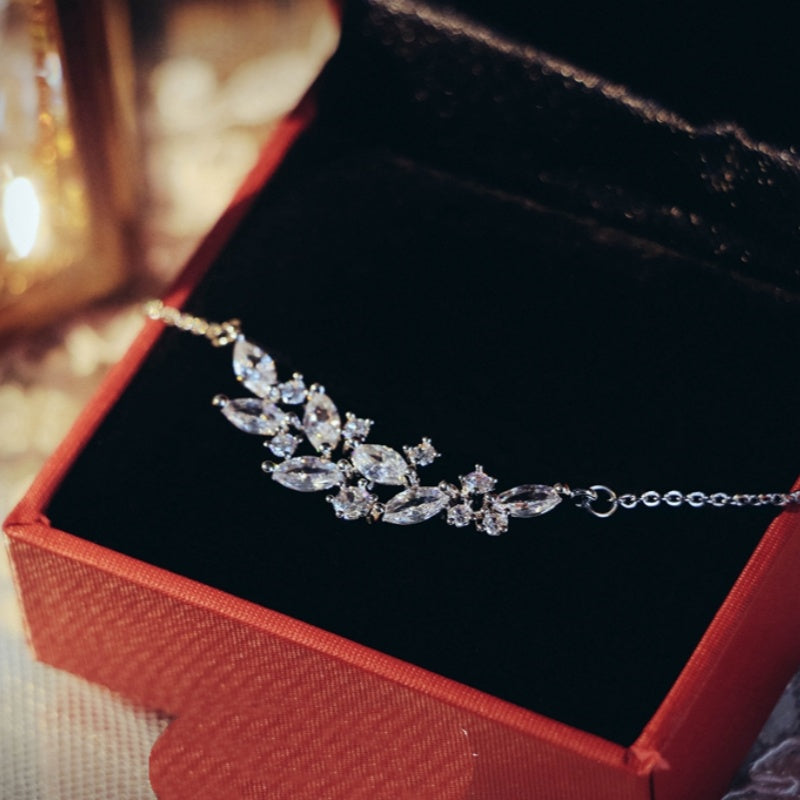 French Exquisite Zircon Leaves Super Fairy Bridal Wedding Necklace Earrings LadyShow.Store