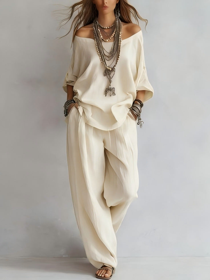 Off-shouder Suits Fashion Three-quarter Sleeves Top And Loose Pockets Wide-Leg Pants Set Women's Clothing NorixaFashion.com