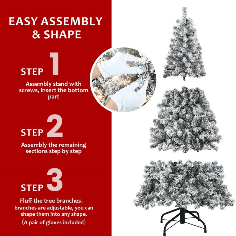 Pre-Lit Flocked Christmas Tree - PVC Artificial Xmas Tree with Lights (4ft to 7ft, FedEx Shipping from USA)