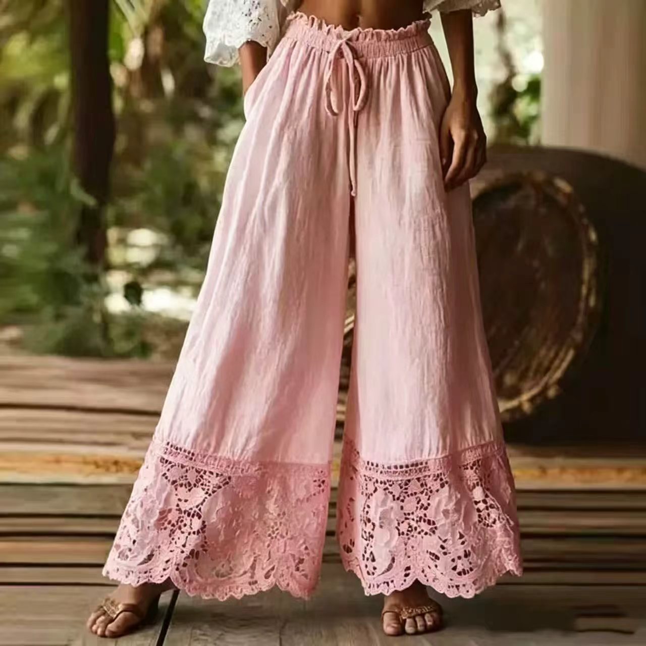 Fashionable Solid-Colored Lace-Trimmed Womens Pants NorixaFashion.com