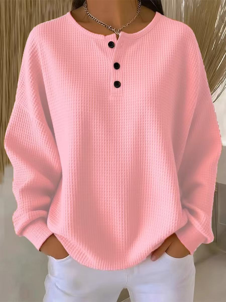 Ins Waffle Long-sleeved T-shirt Fashion Solid Color Buttons Round Neck Pullover Top Women's Clothing NorixaFashion.com