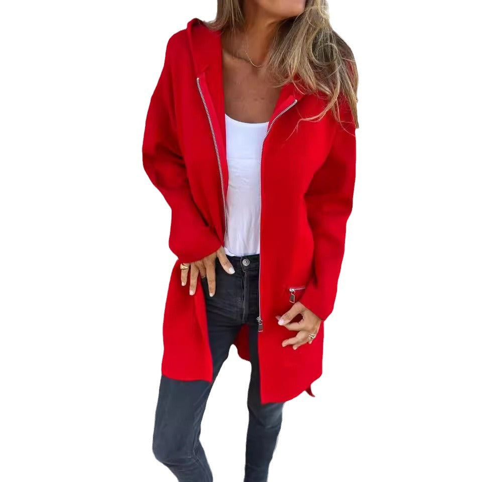 Zip-up Hooded Cardigan Coat Fashion Solid Color Pocket Jacket Fall And Winter Women's Coat Clothing NorixaFashion.com