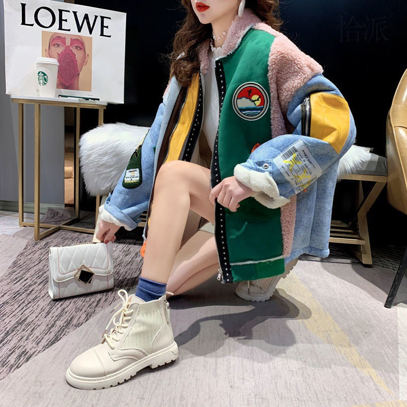 Women's Winter Loose Plus Size Lamb Wool Stitching Denim Coat Best YouTube Store