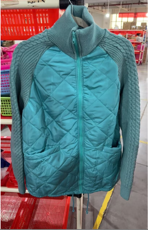 Winter Stand Collar Cotton Jacket With Pockets Fashion Knitted Stitching Zipper Coat Warm Tops For Women Clothing LadyShow.Store