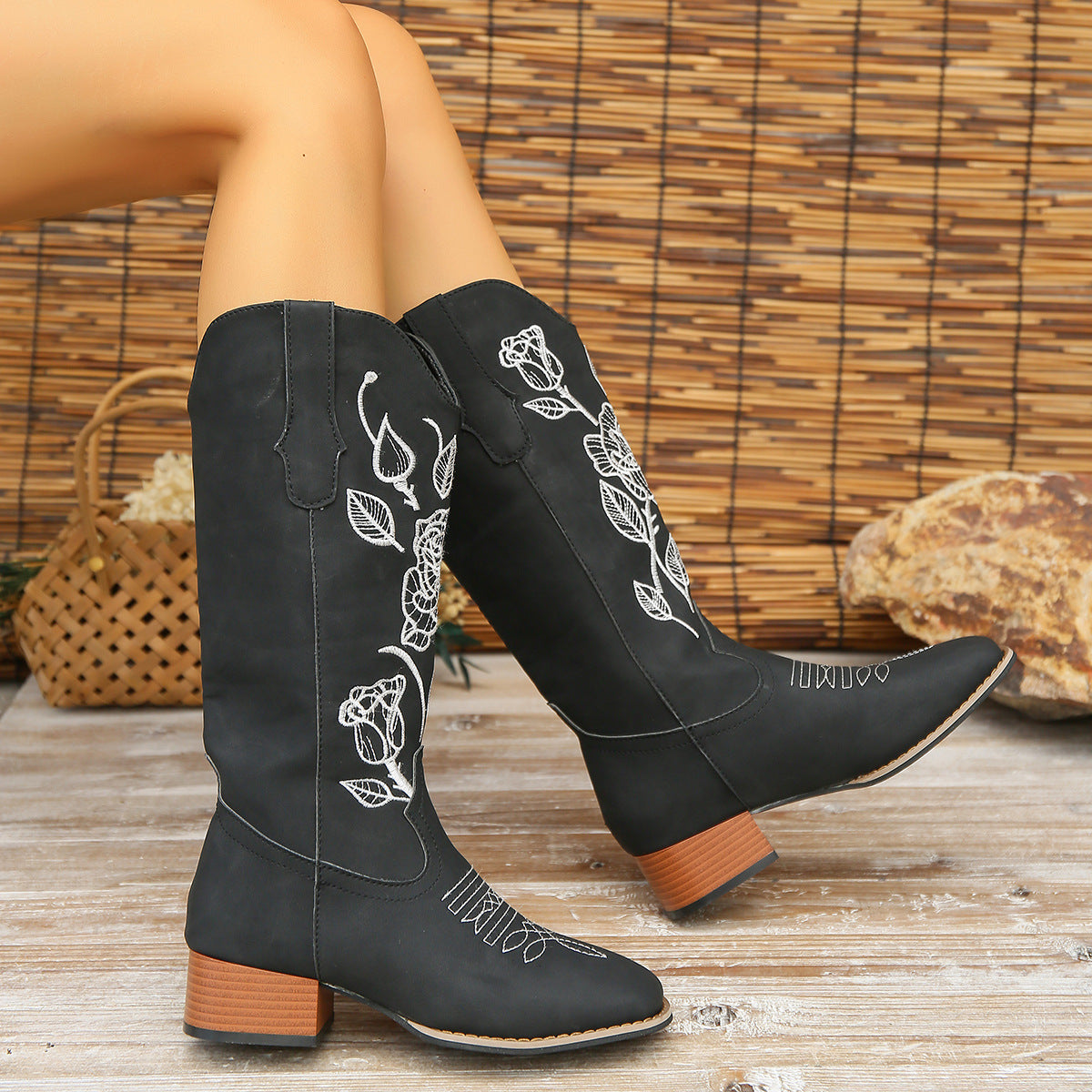 Flower Embroider Mid Calf Cowboy Boots Women Autumn Winter Chunky Heels Western Boots Square Toe Denim Long Boots Fashion Shoes LadyShow.Store