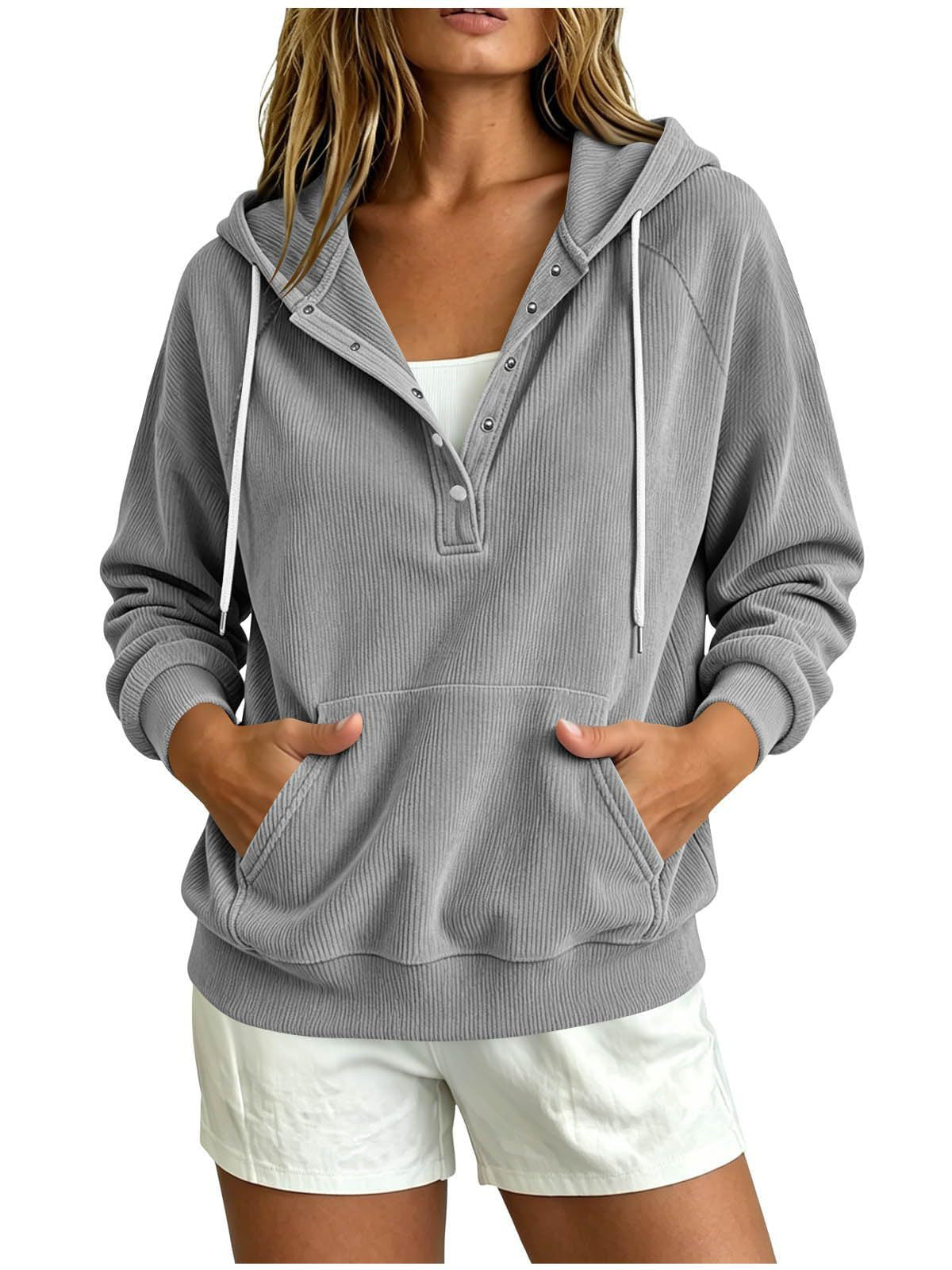 2026 Autumn New Style European Women's Dressy Corduroy Hooded Sweatshirt With Half-Closed Button And Drawstring Loose Top For Women NorixaFashion.com