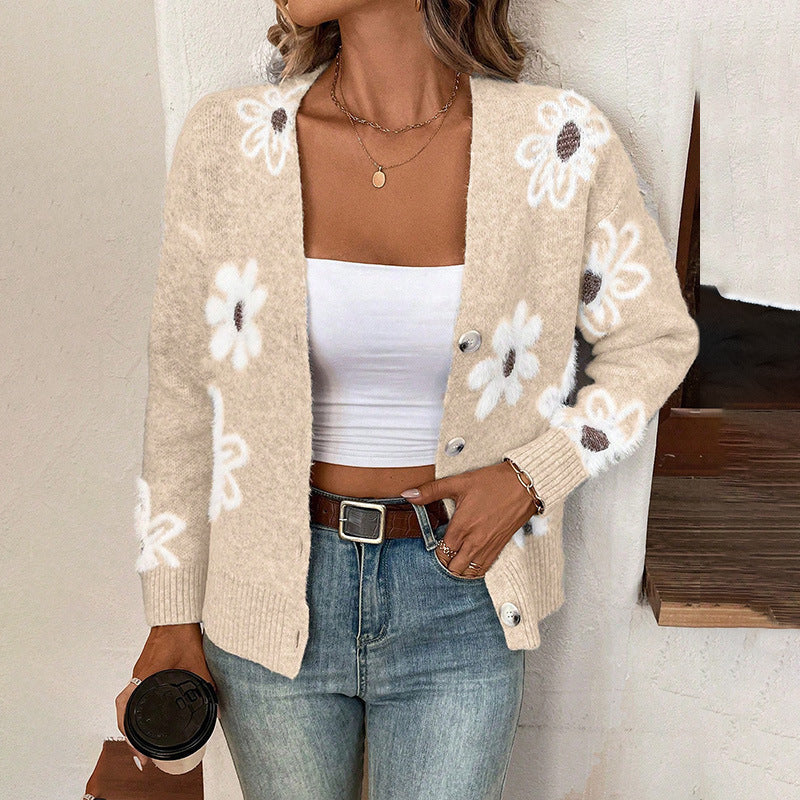 Flowers Print Button Front Cardigan NorixaFashion.com