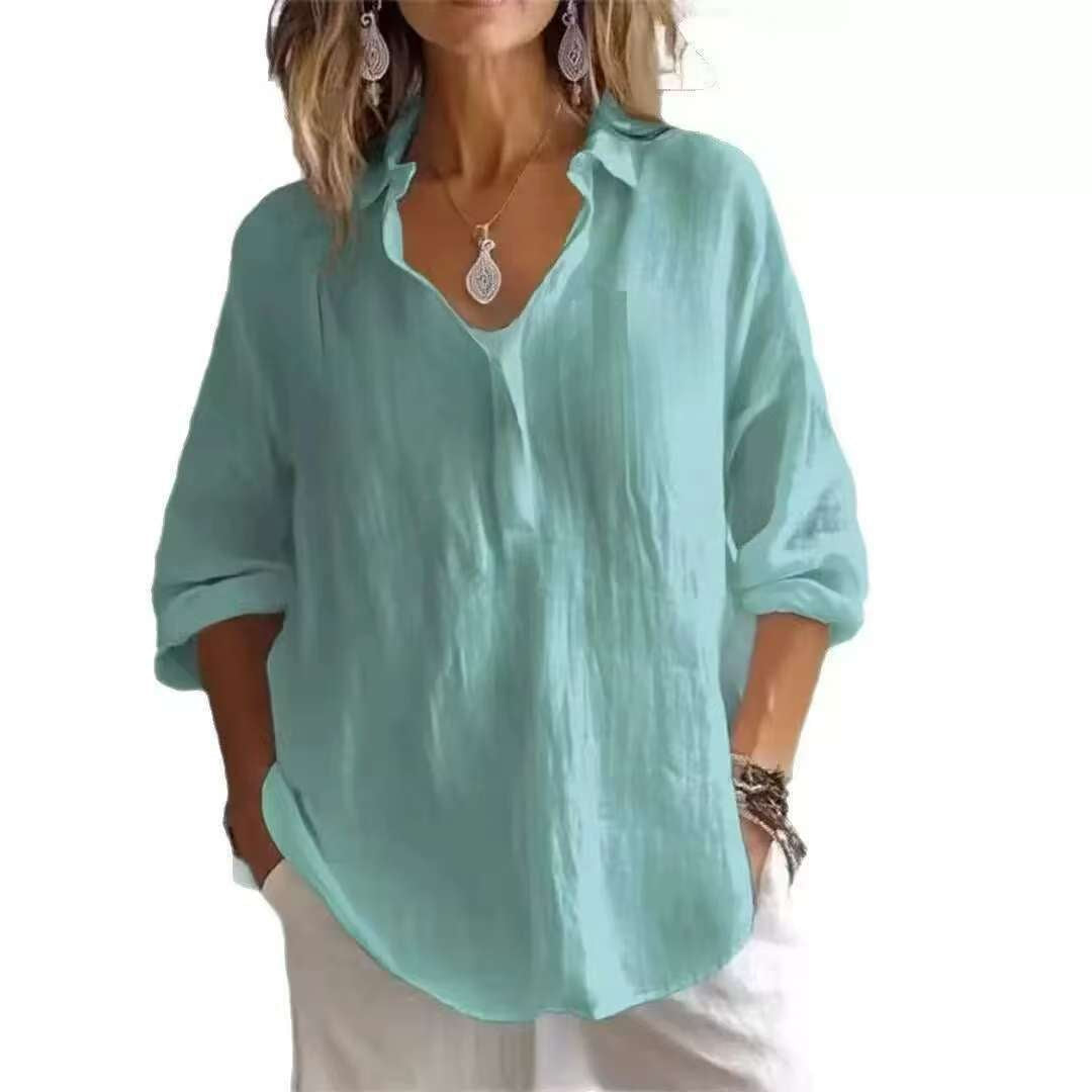 Fashion Long-sleeved Lapel Pullover Shirt Casual Loose Solid Color T-shirt Tops Women's Clothing NorixaFashion.com
