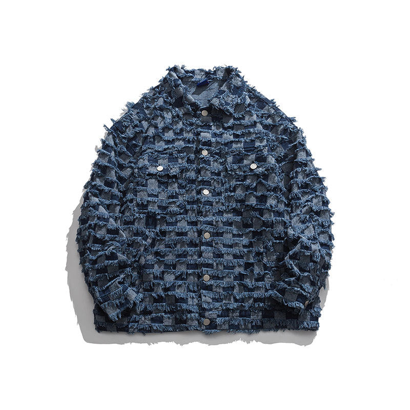 Checkerboard Denim Shearling Lapel Jacket Pi-Mart