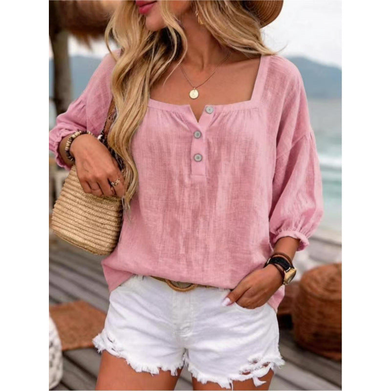 Casual Resort-style Linen Top With Three-quarter Sleeves NorixaFashion.com