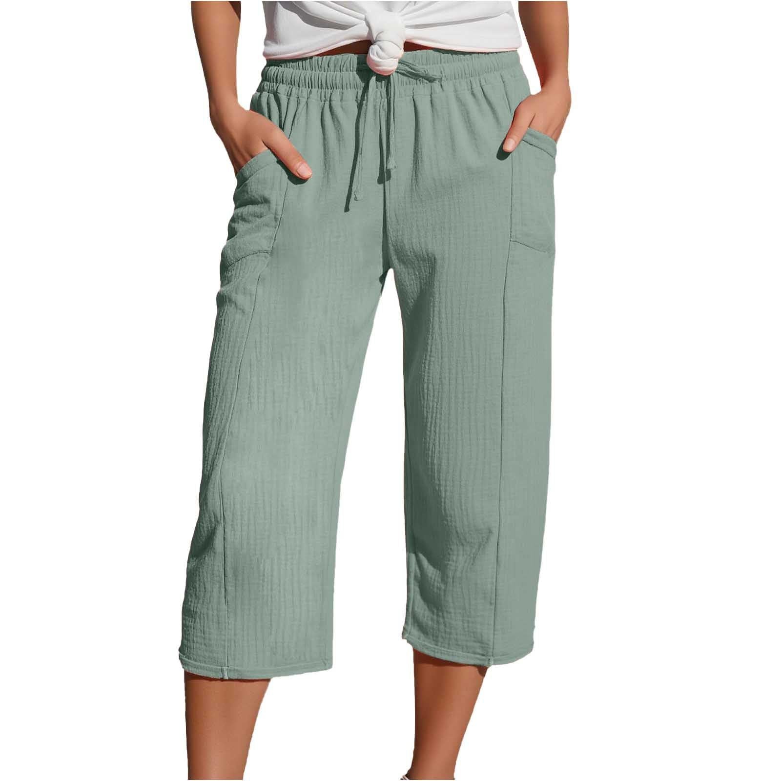 Women's Cotton-Linen Solid-Color Casual Cropped Pants With Elastic Waist NorixaFashion.com