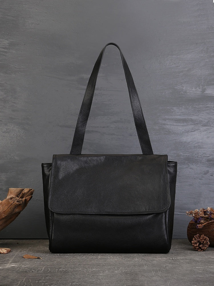Solid Color Cowhide Tote Bag Simple Commute Shoulder Messenger Bag For Women LadyShow.Store