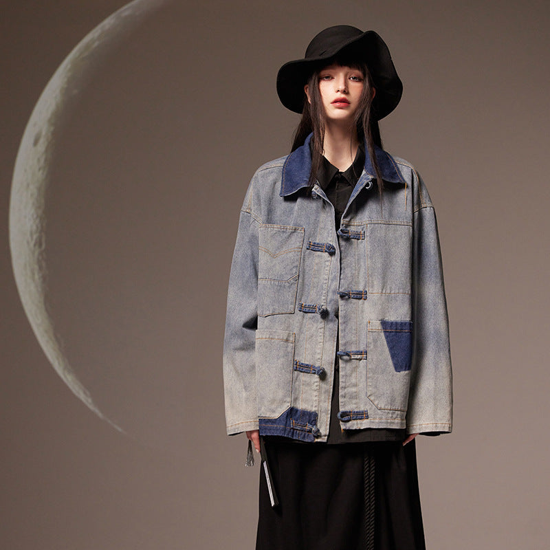Vintage Chinese Style Loose Denim Jacket for Women Pi-Mart