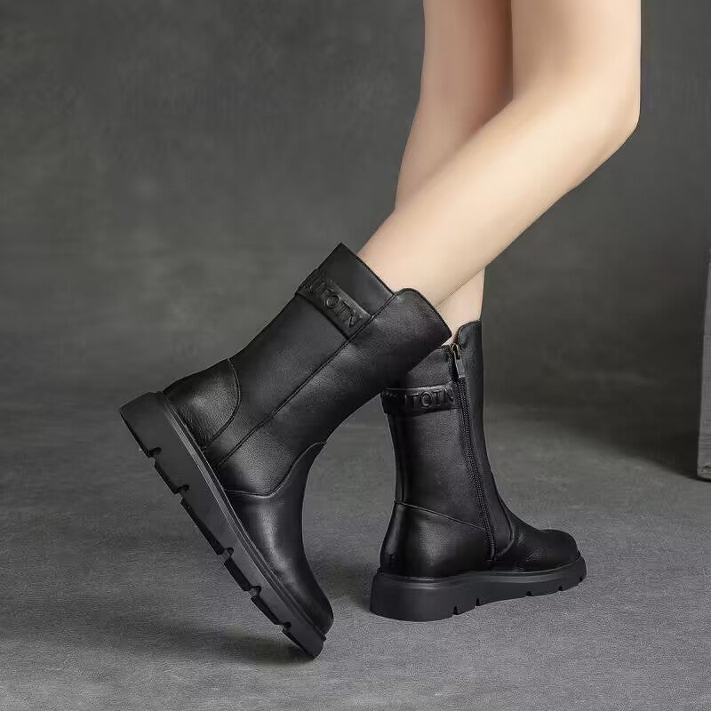 Round-toe Solid-color High-top Mid-calf Short Boots With Side Zipper LadyShow.Store