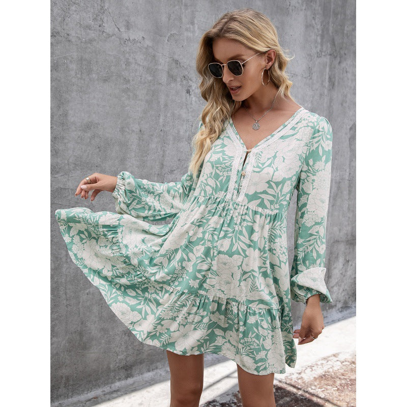 Loose Casual Floral Lace Stitching Sleeves Long Sleeve V-neck Printing LadyShow.Store