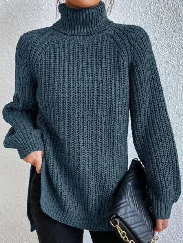Turtleneck Pullover Sweater With Split Design Fashion Simple Solid Color Long Sleeve Tops Women's Clothing LadyShow.Store