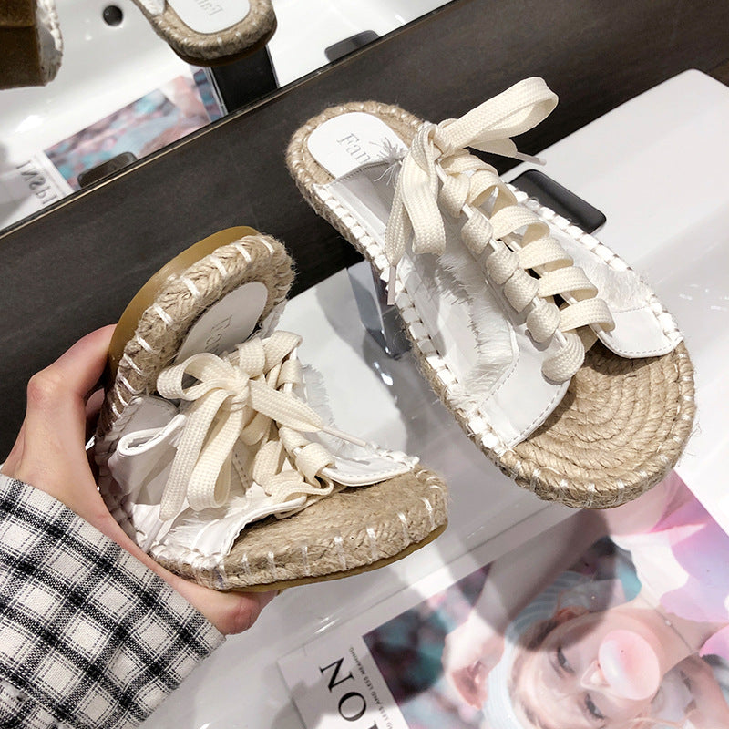 Sequin Lace-Up Flat Sandals with Straw Fisherman Sole Best YouTube Store