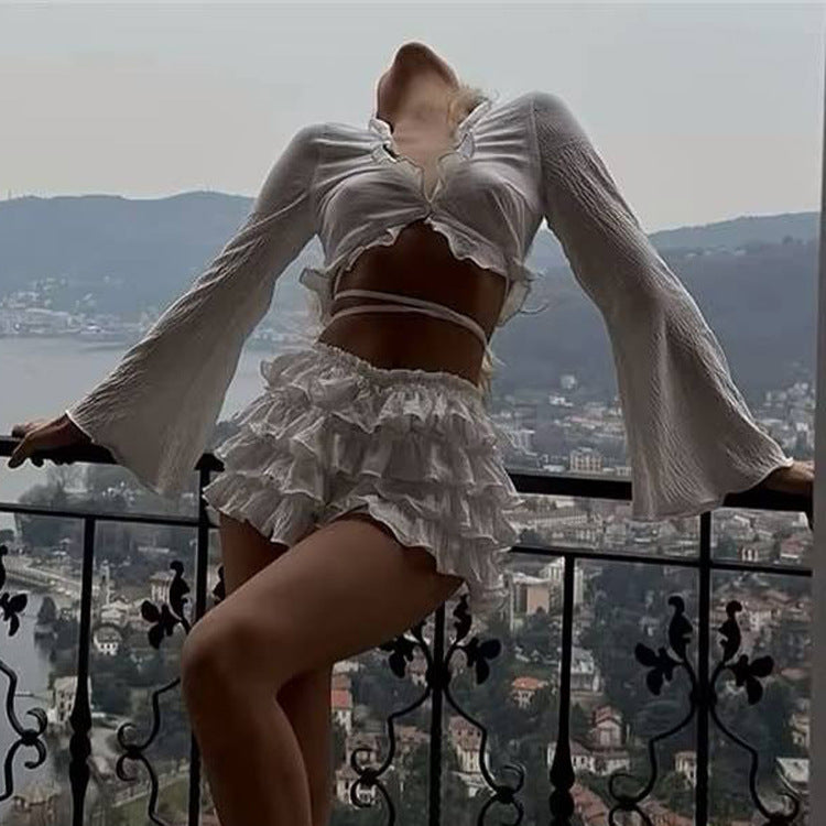 Crop Top With Tie-up Top & High-waisted Tiered Skirt Set NorixaFashion.com