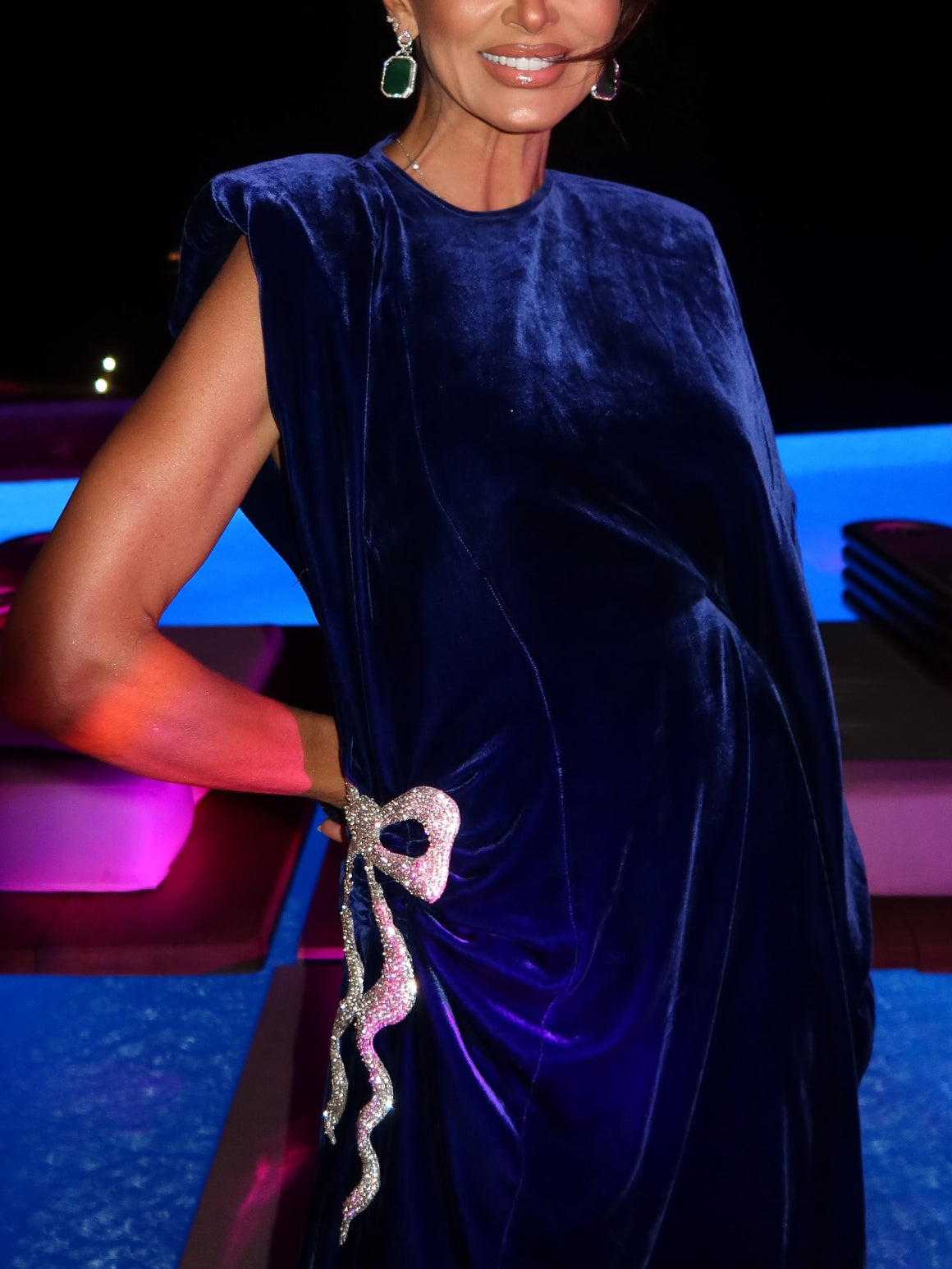 Navy Blue Velvet Gown With White Bow And High Slit Detail NorixaFashion.com