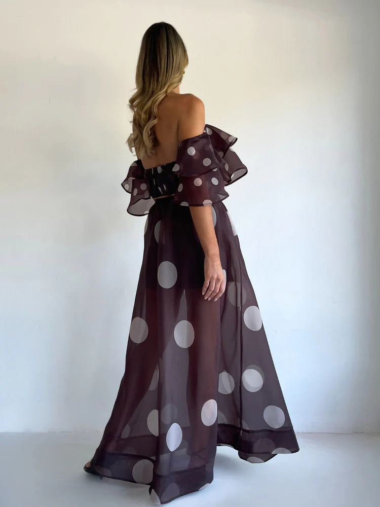 Sexy Strapless Irregular Print Ruffled Fashion Suit Long Dress NorixaFashion.com