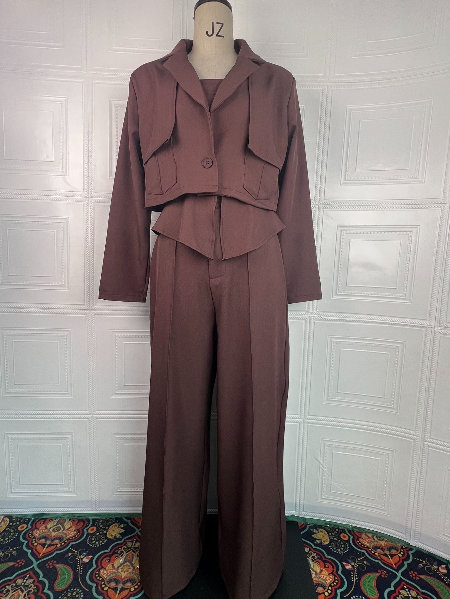 Womens Solid-color Elegant Blazer And Wide-leg Suspender Pants Set NorixaFashion.com