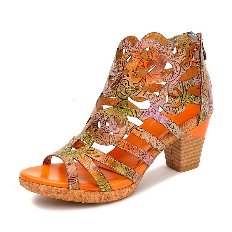 Retro Handmade Gradient Zipper Sandals with Thick Heel Best YouTube Store