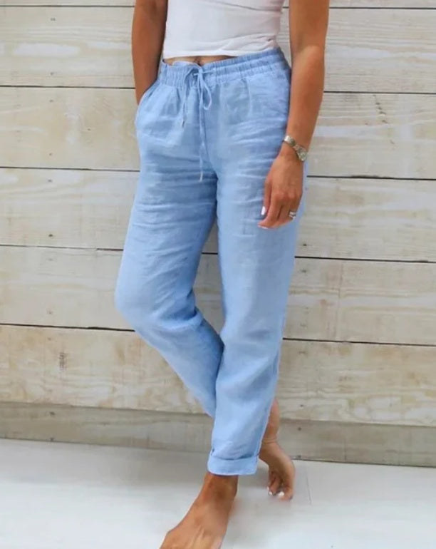 Elastic Waist Solid Cotton Hemp Pants NorixaFashion.com