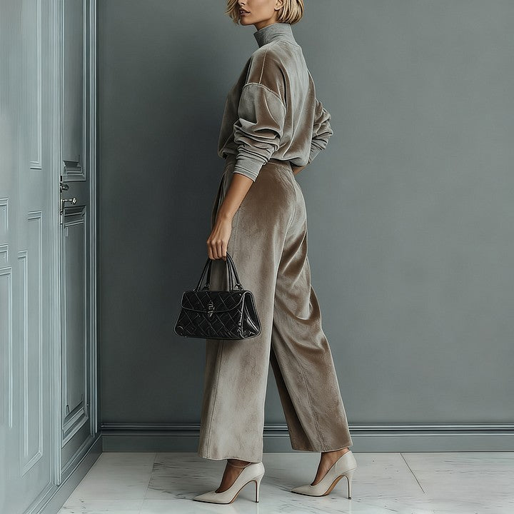 Casual Warm Velour Long-sleeved Solid Color High-neck Zipper Wide-leg Sportswear LadyShow.Store