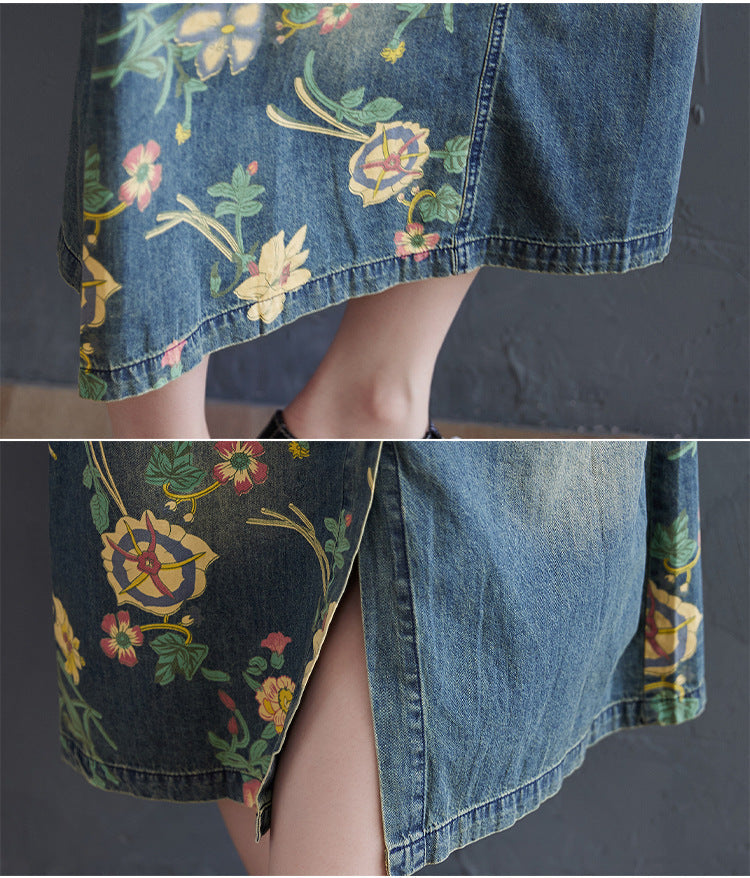 Women's Plus Size Retro Age-reducing Denim Print Suspender Skirt LadyShow.Store