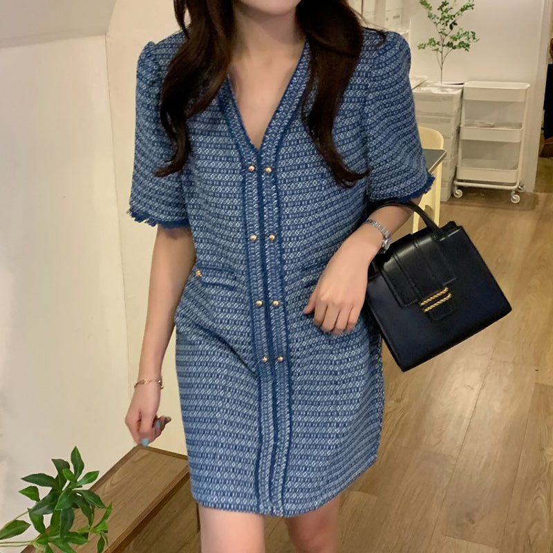 Metal Single Breasted Denim Dress Women NorixaFashion.com
